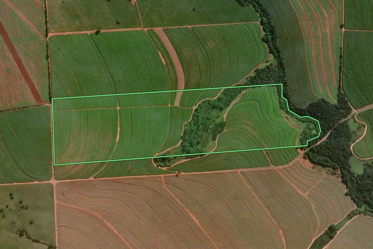 Imagem de satélite do imóvel rural em Jaguapitã (PR), com o contorno declarado no CAR desenhado por cima.