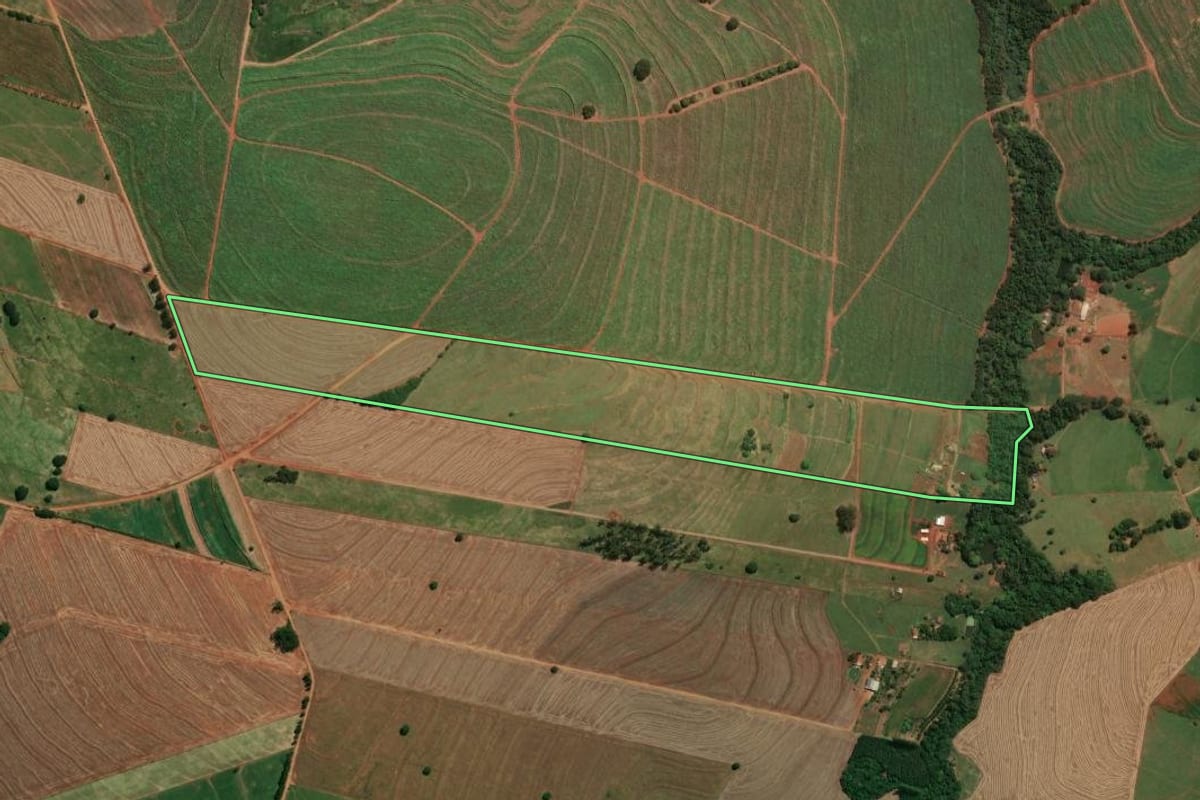 Imagem de satélite do imóvel rural em Jaguapitã (PR), com o contorno declarado no CAR desenhado por cima.