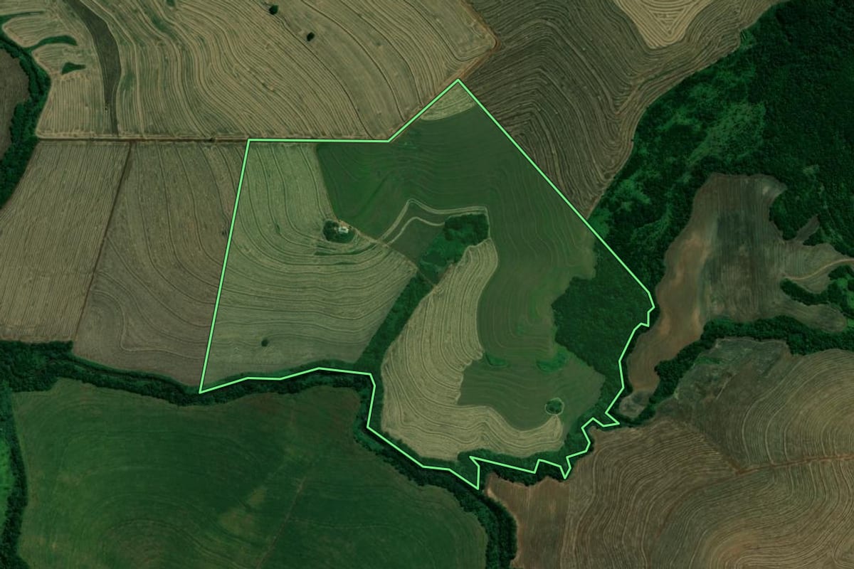 Imagem de satélite do imóvel rural em Jaguapitã (PR), com o contorno declarado no CAR desenhado por cima.
