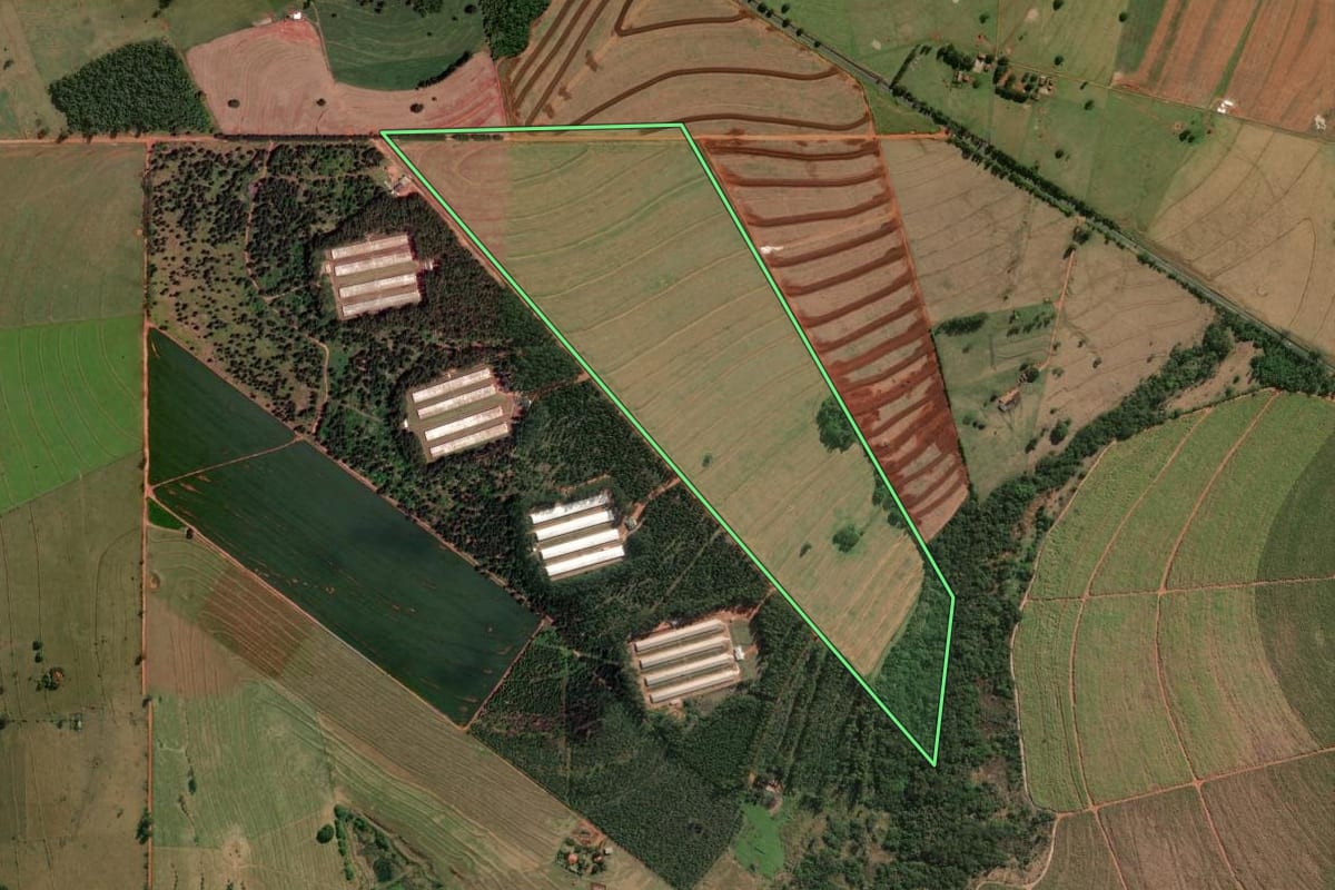 Imagem de satélite do imóvel rural em Jaguapitã (PR), com o contorno declarado no CAR desenhado por cima.