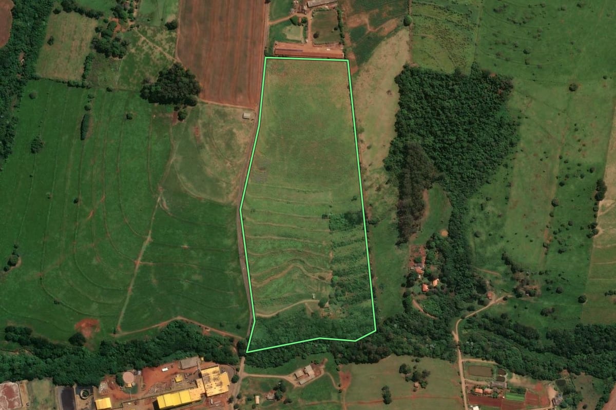Imagem de satélite do imóvel rural em Jaguapitã (PR), com o contorno declarado no CAR desenhado por cima.