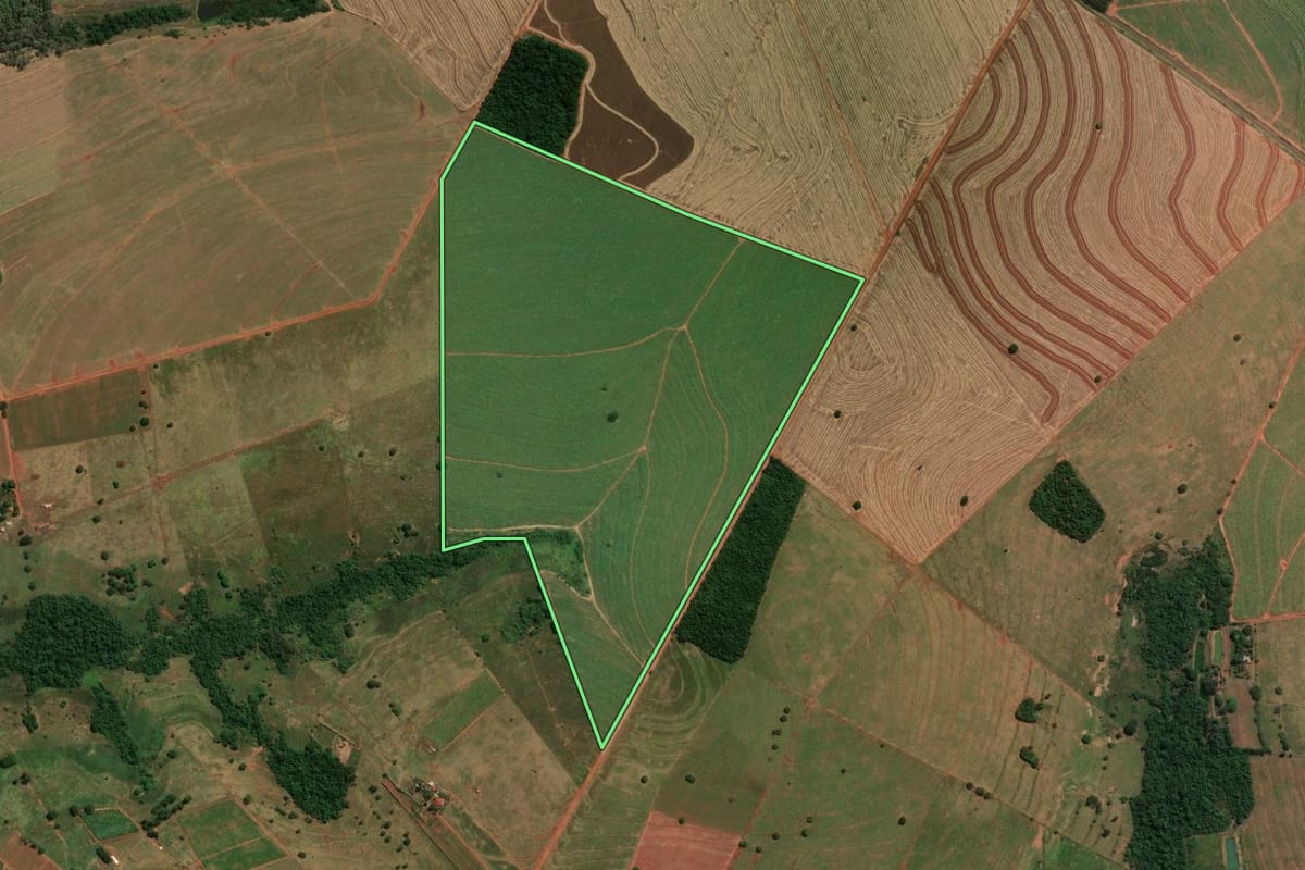 Imagem de satélite do imóvel rural em Jaguapitã (PR), com o contorno declarado no CAR desenhado por cima.