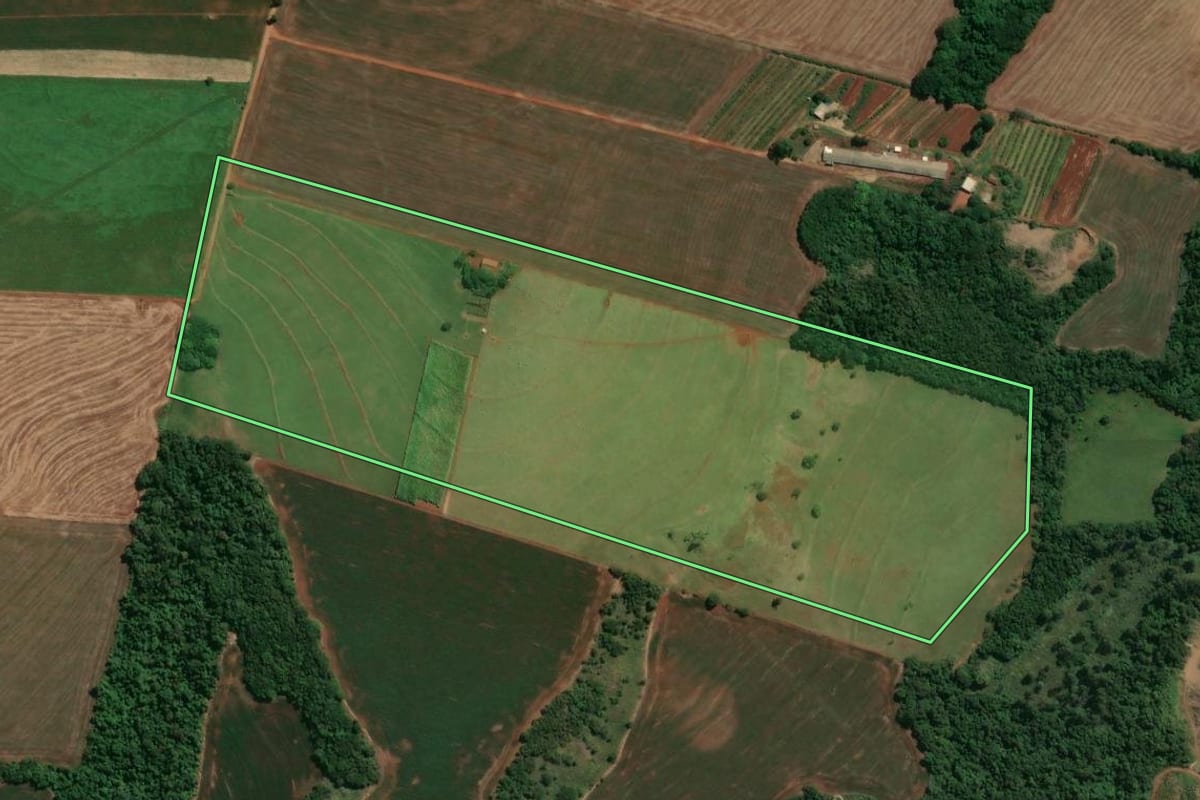 Imagem de satélite do imóvel rural em Jaguapitã (PR), com o contorno declarado no CAR desenhado por cima.