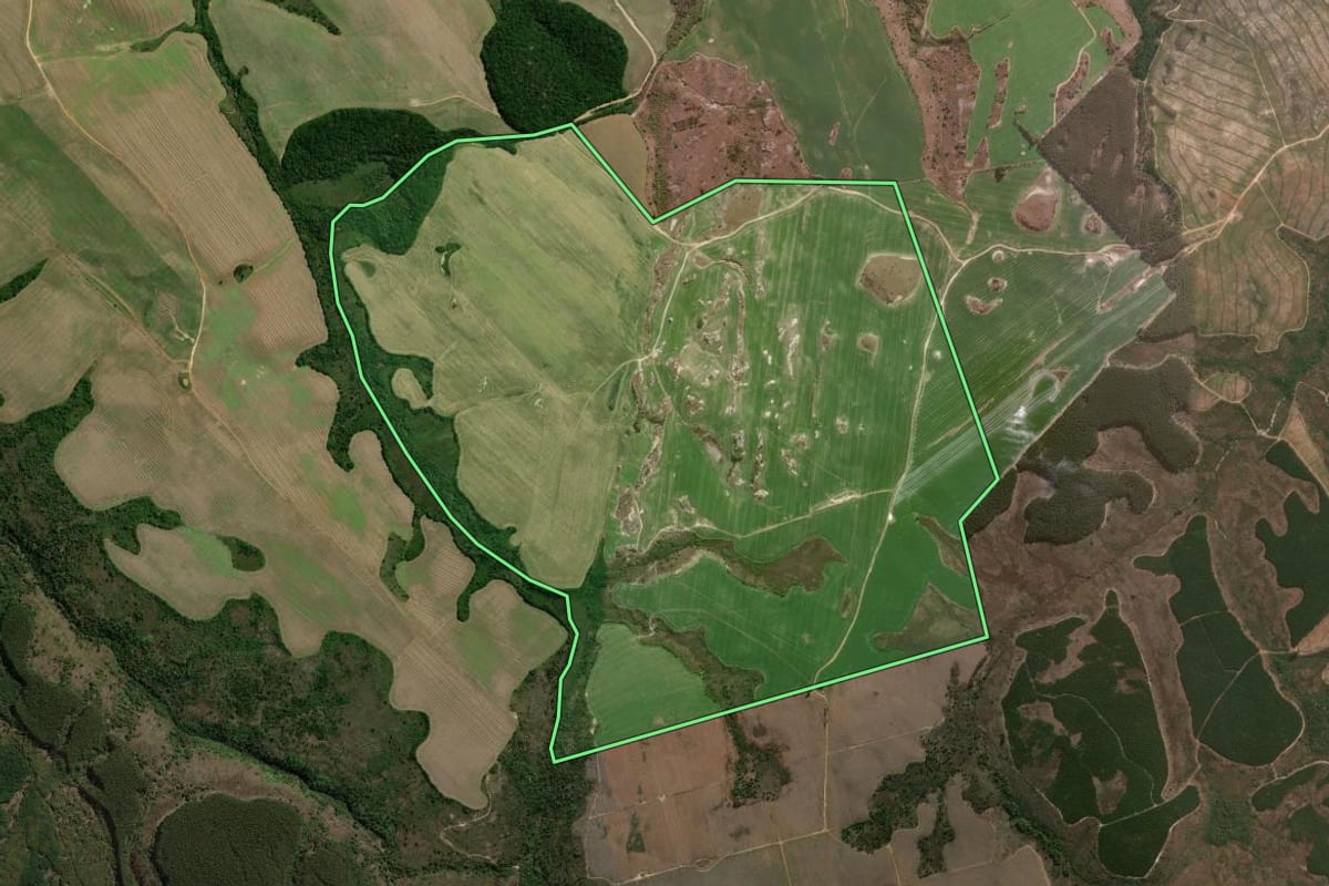 Imagem de satélite do imóvel rural em Jaguariaíva (PR), com o contorno declarado no CAR desenhado por cima.