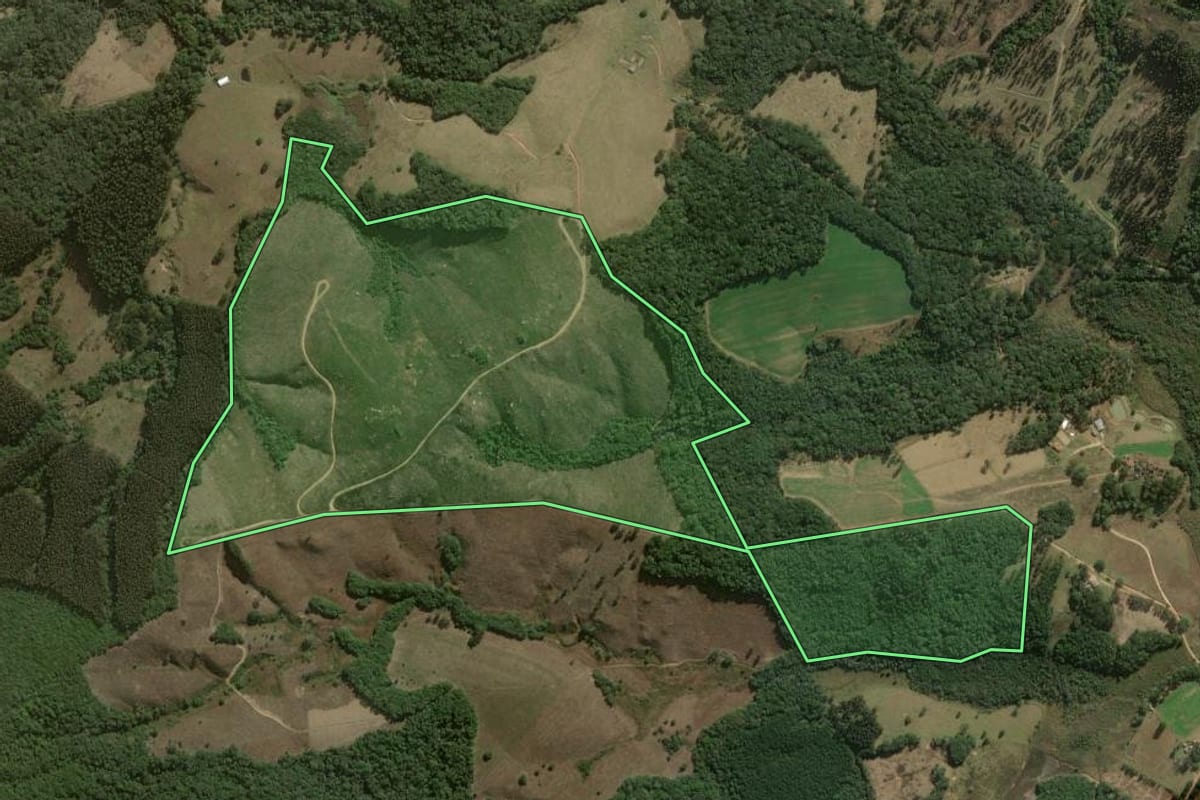 Imagem de satélite do imóvel rural em Jaguariaíva (PR), com o contorno declarado no CAR desenhado por cima.