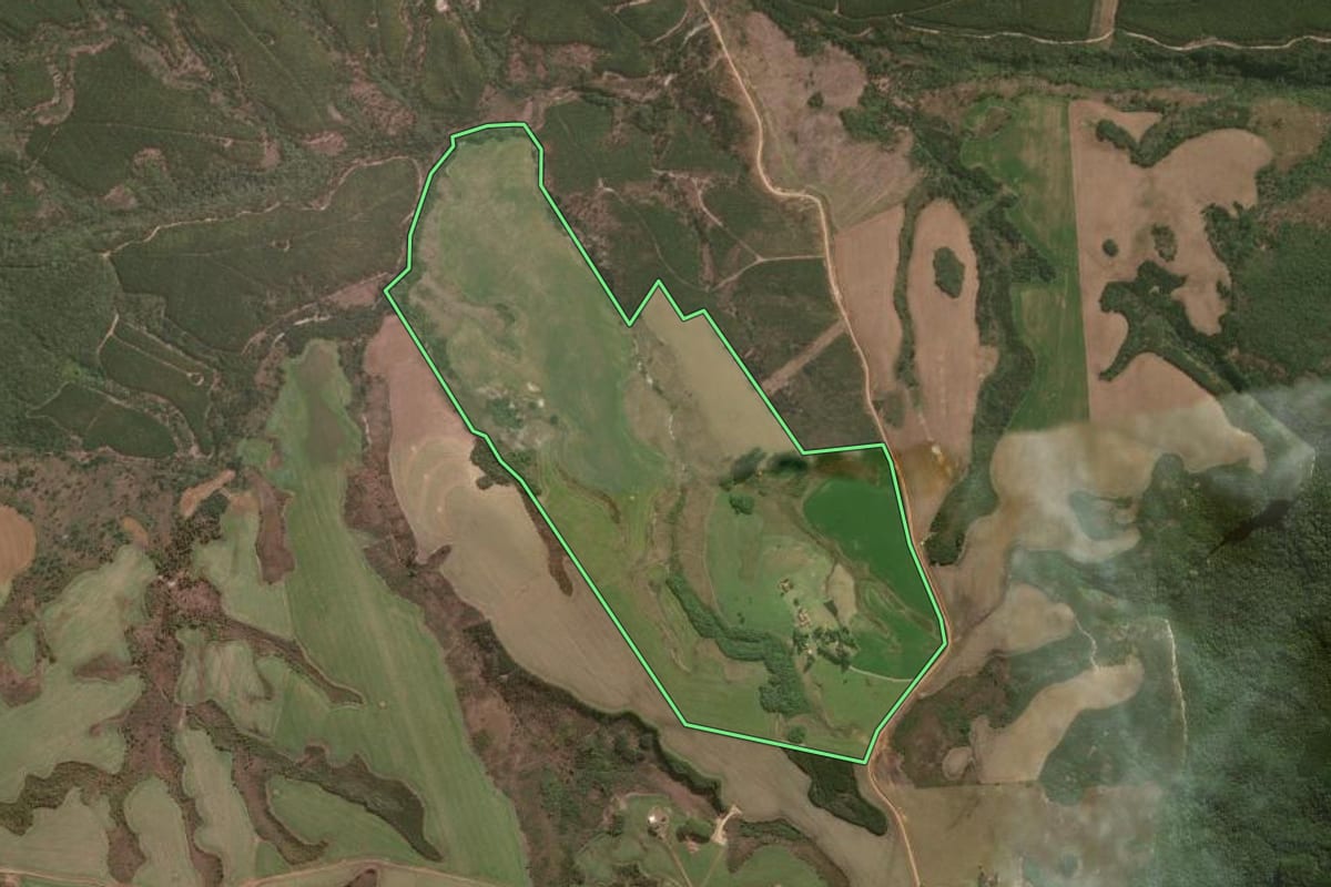 Imagem de satélite do imóvel rural em Jaguariaíva (PR), com o contorno declarado no CAR desenhado por cima.