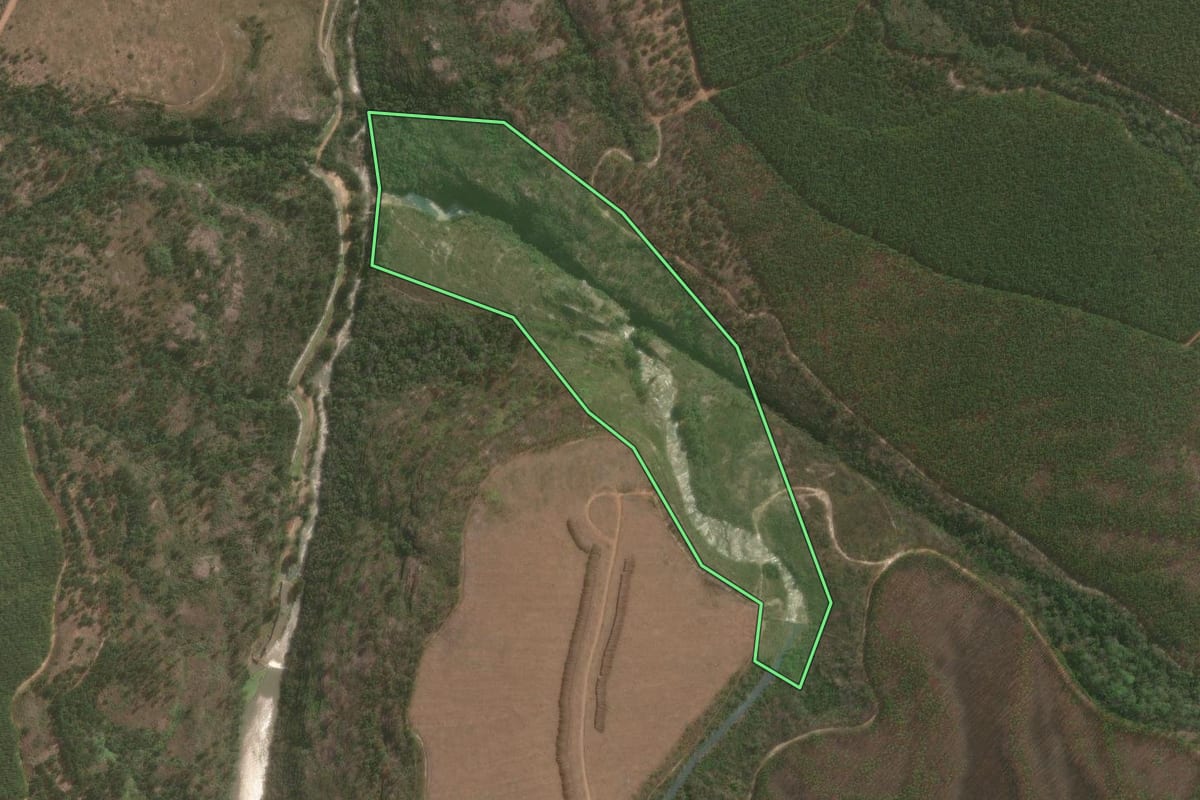 Imagem de satélite do imóvel rural em Jaguariaíva (PR), com o contorno declarado no CAR desenhado por cima.