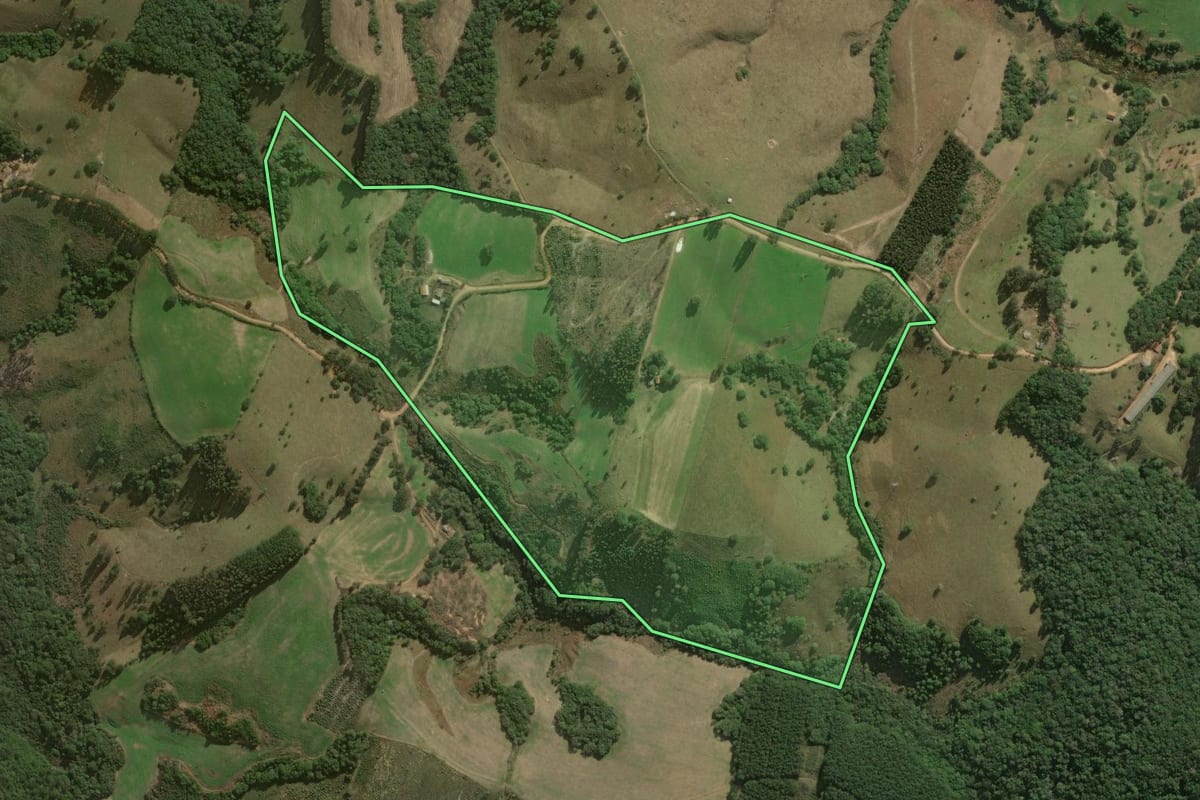 Imagem de satélite do imóvel rural em Jaguariaíva (PR), com o contorno declarado no CAR desenhado por cima.