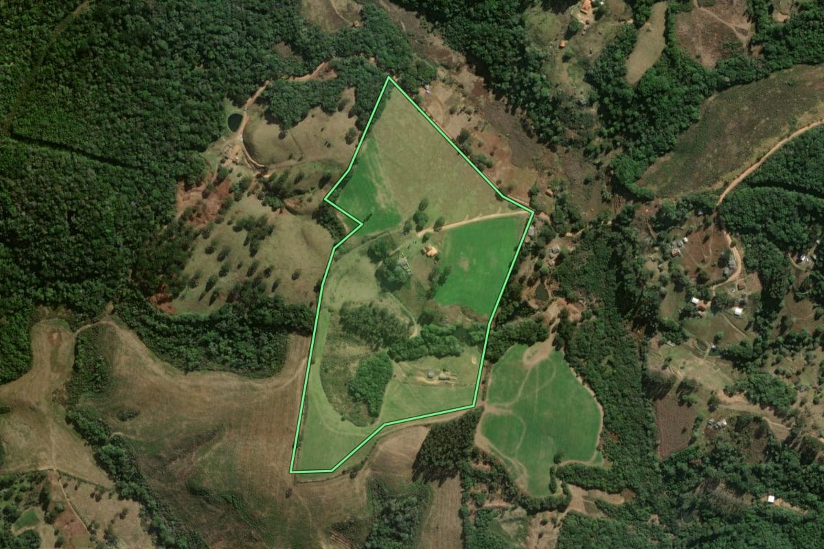 Imagem de satélite do imóvel rural em Jaguariaíva (PR), com o contorno declarado no CAR desenhado por cima.
