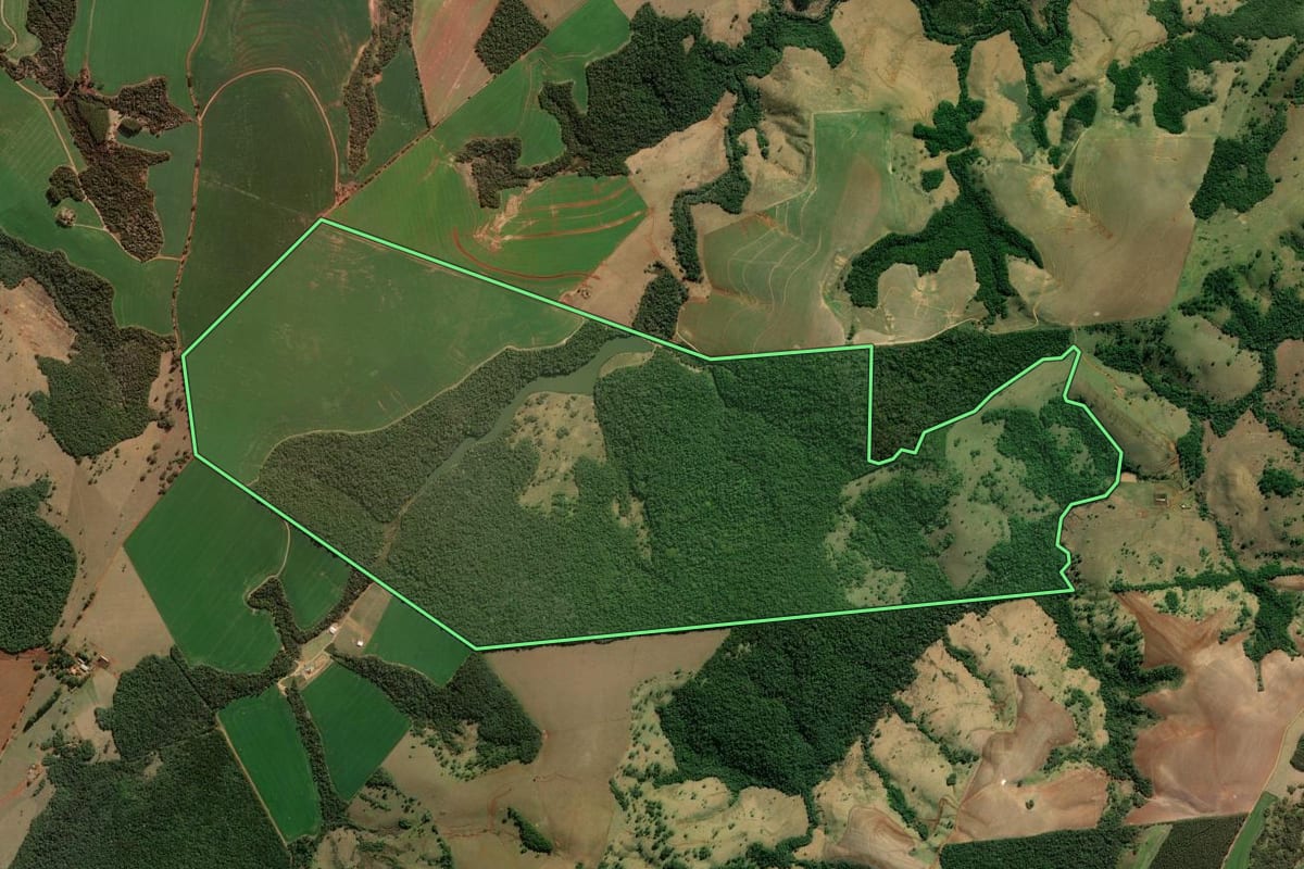 Imagem de satélite do imóvel rural em Jaguariaíva (PR), com o contorno declarado no CAR desenhado por cima.
