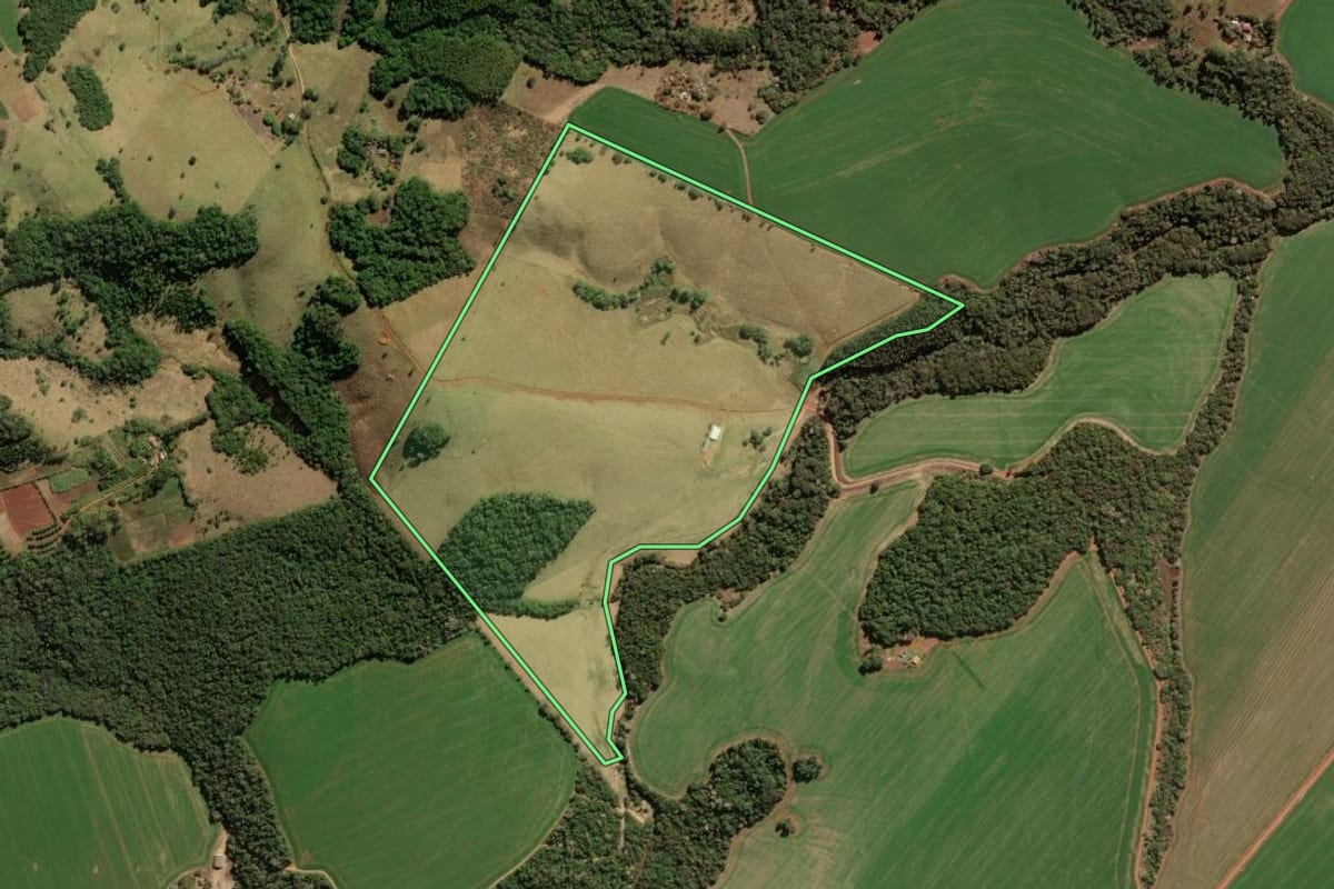 Imagem de satélite do imóvel rural em Jaguariaíva (PR), com o contorno declarado no CAR desenhado por cima.