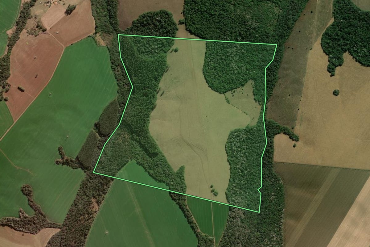 Imagem de satélite do imóvel rural em Jaguariaíva (PR), com o contorno declarado no CAR desenhado por cima.