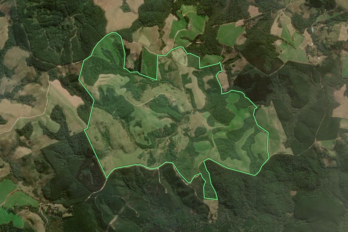 Imagem de satélite do imóvel rural em Jaguariaíva (PR), com o contorno declarado no CAR desenhado por cima.