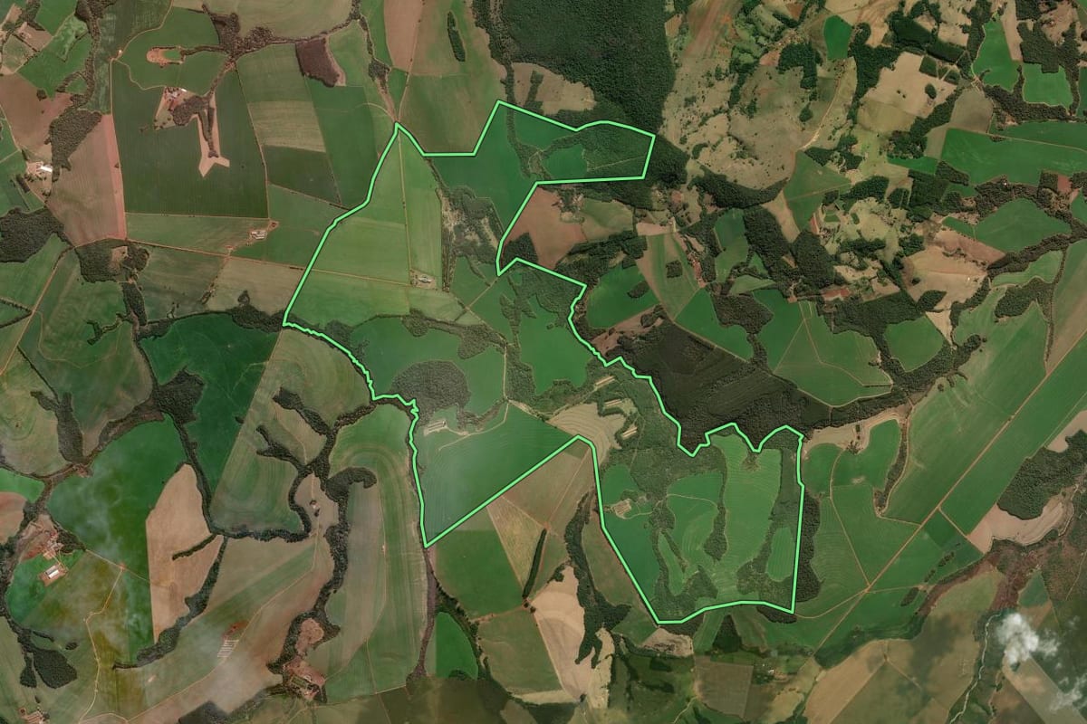 Imagem de satélite do imóvel rural em Jaguariaíva (PR), com o contorno declarado no CAR desenhado por cima.