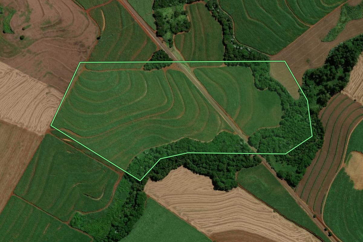 Imagem de satélite do imóvel rural em Jandaia do Sul (PR), com o contorno declarado no CAR desenhado por cima.