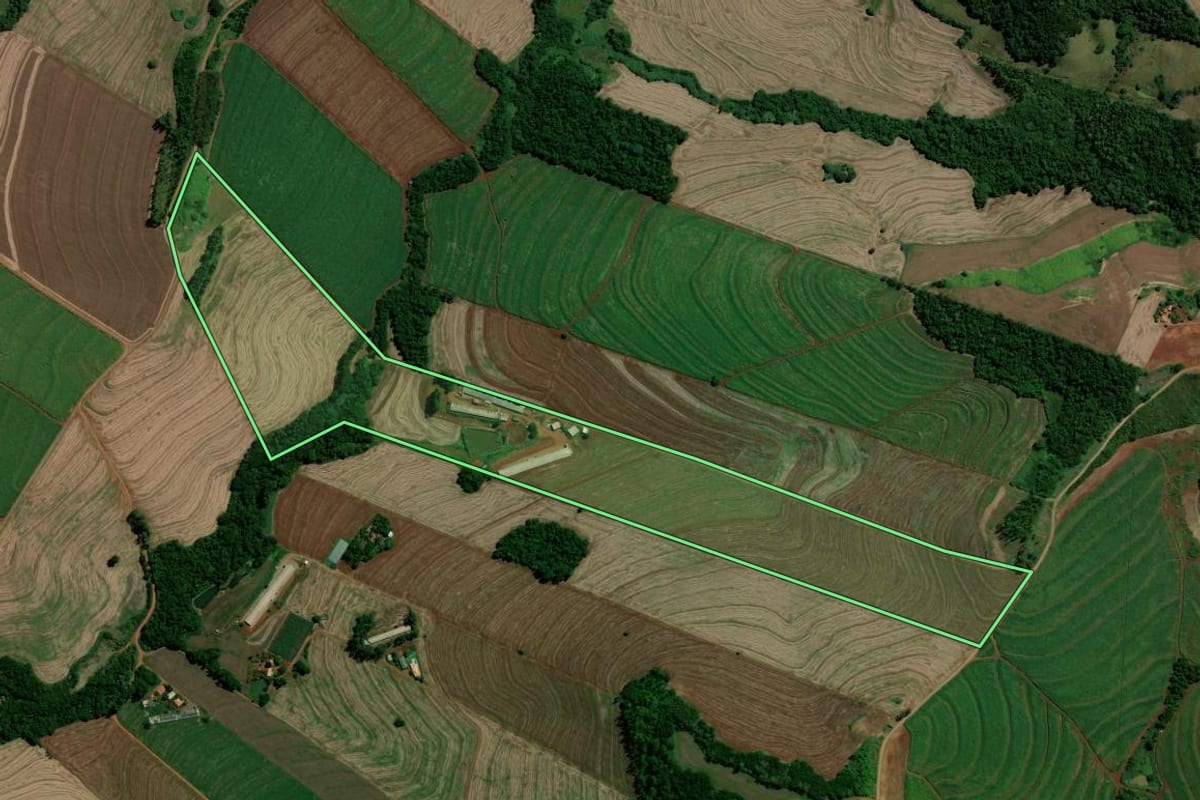 Imagem de satélite do imóvel rural em Jandaia do Sul (PR), com o contorno declarado no CAR desenhado por cima.