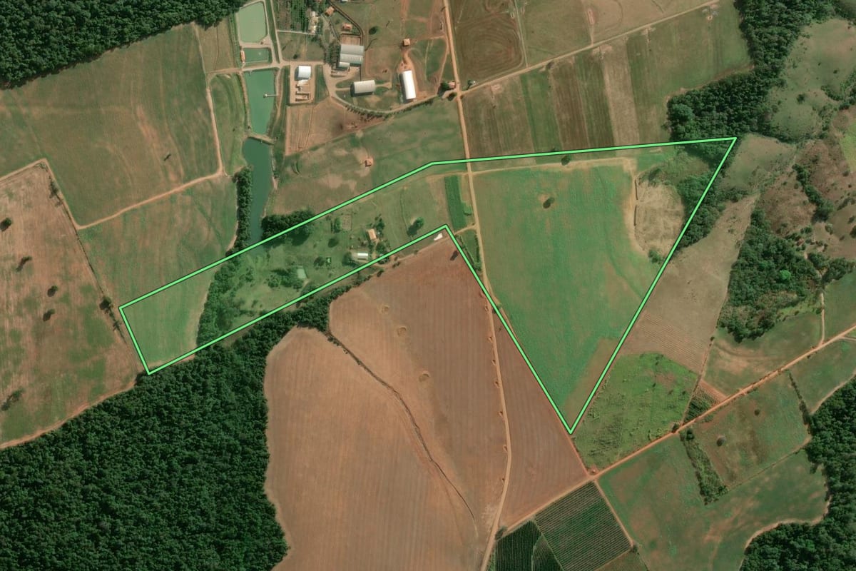 Imagem de satélite do imóvel rural em Japira (PR), com o contorno declarado no CAR desenhado por cima.