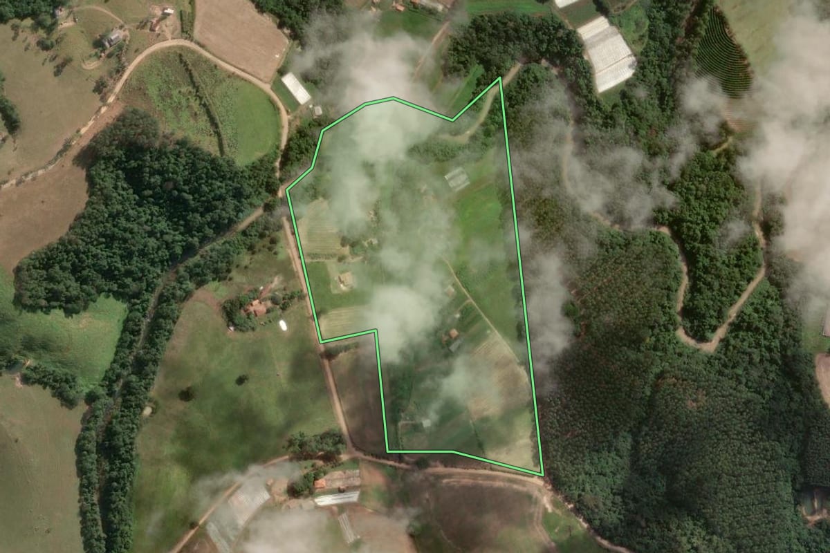 Imagem de satélite do imóvel rural em Japira (PR), com o contorno declarado no CAR desenhado por cima.