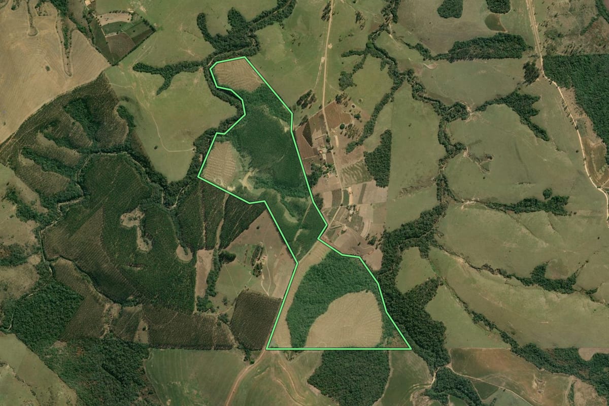 Imagem de satélite do imóvel rural em Japira (PR), com o contorno declarado no CAR desenhado por cima.