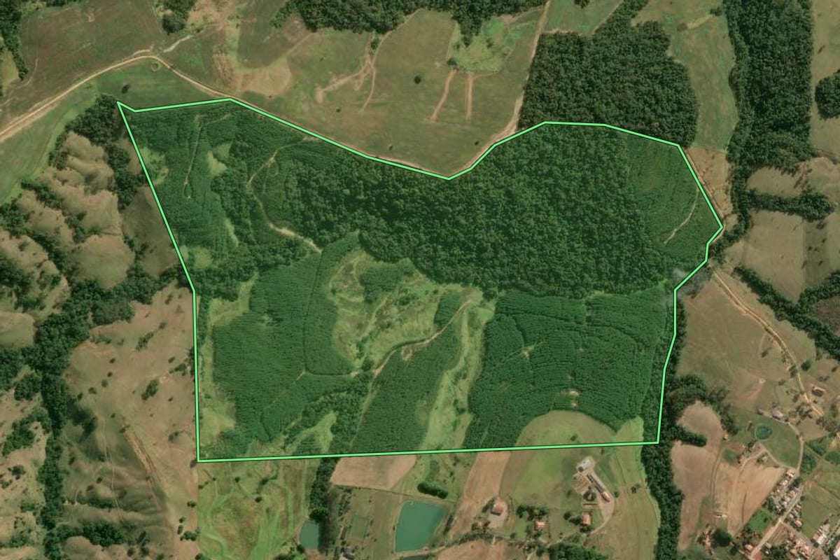 Imagem de satélite do imóvel rural em Japira (PR), com o contorno declarado no CAR desenhado por cima.