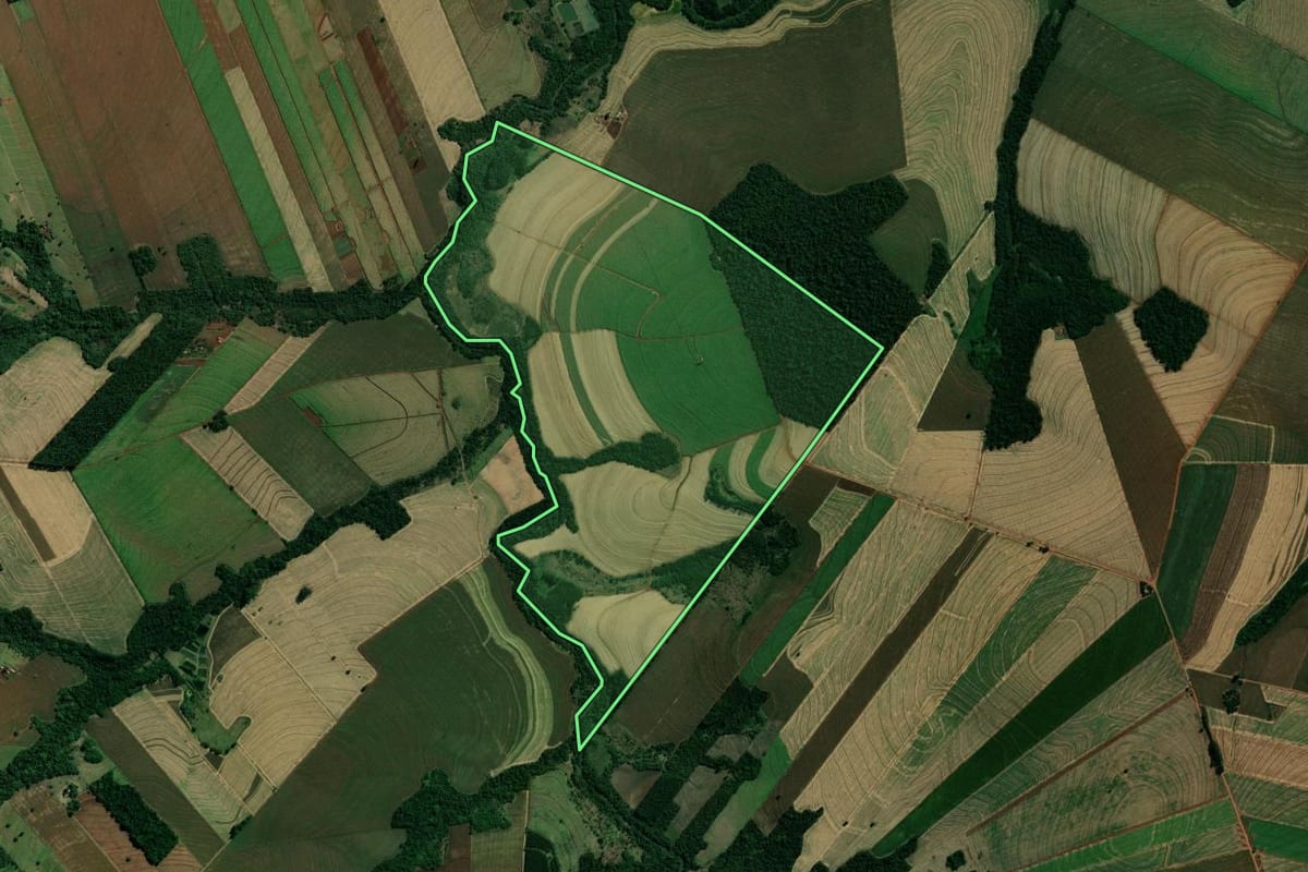 Imagem de satélite do imóvel rural em Japurá (PR), com o contorno declarado no CAR desenhado por cima.