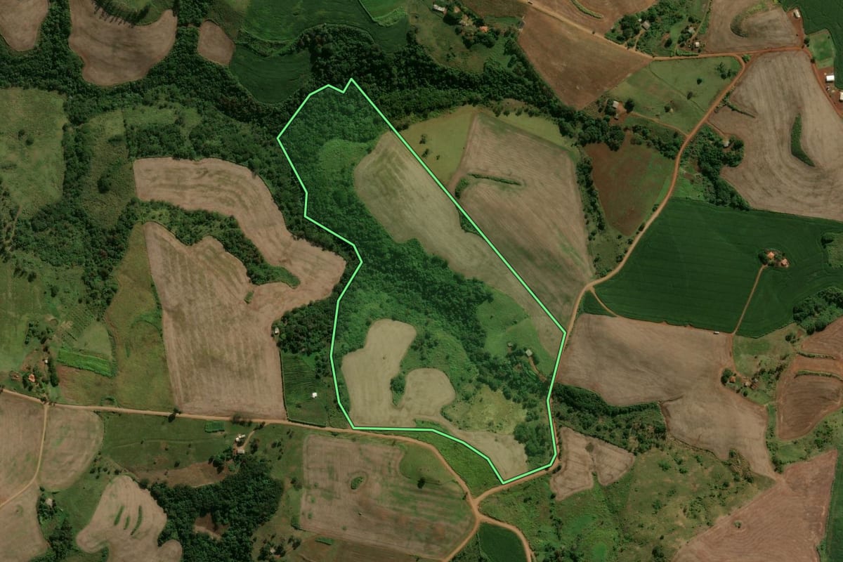 Imagem de satélite do imóvel rural em Jardim Alegre (PR), com o contorno declarado no CAR desenhado por cima.