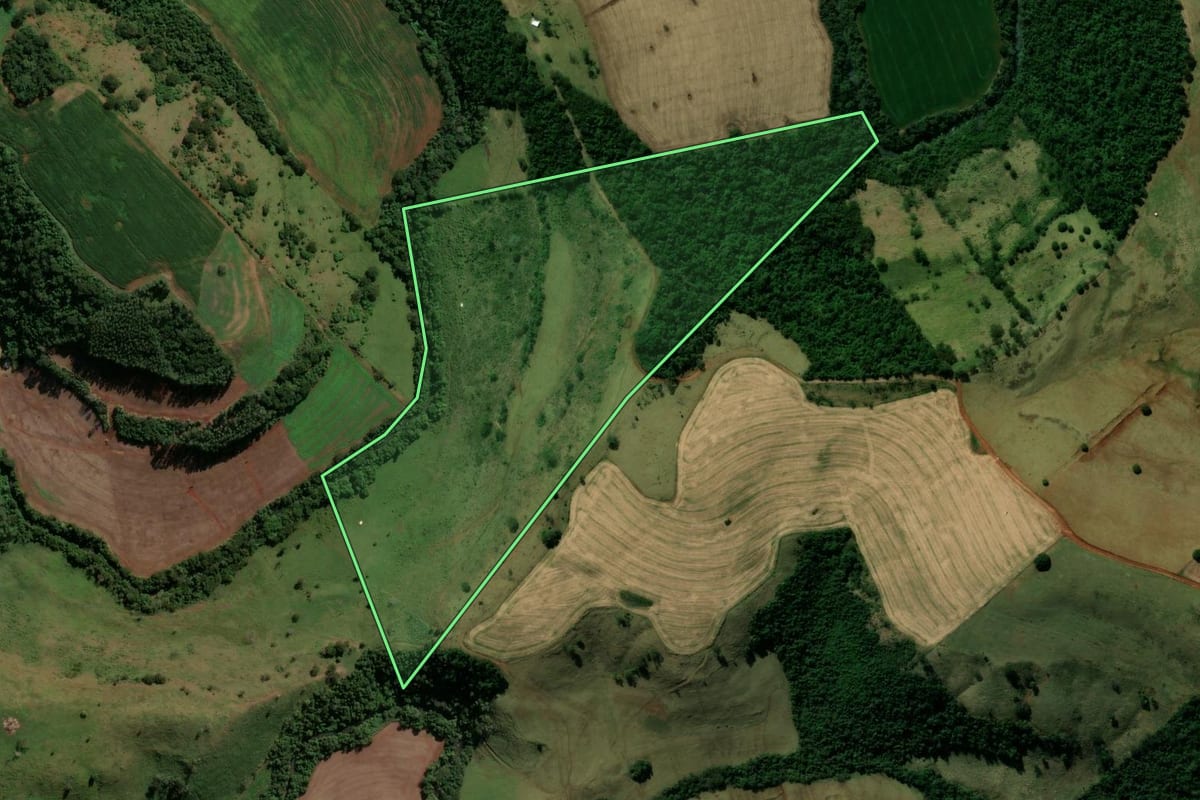Imagem de satélite do imóvel rural em Jardim Alegre (PR), com o contorno declarado no CAR desenhado por cima.