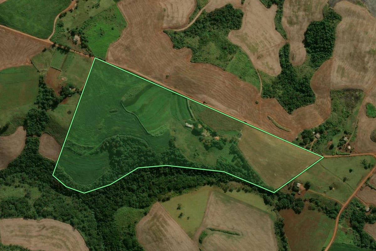 Imagem de satélite do imóvel rural em Jardim Alegre (PR), com o contorno declarado no CAR desenhado por cima.