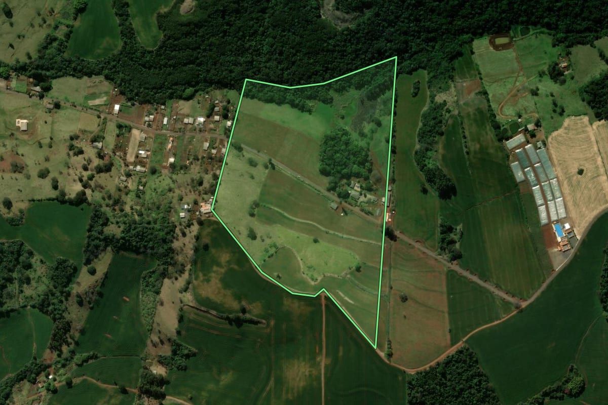 Imagem de satélite do imóvel rural em Jardim Alegre (PR), com o contorno declarado no CAR desenhado por cima.