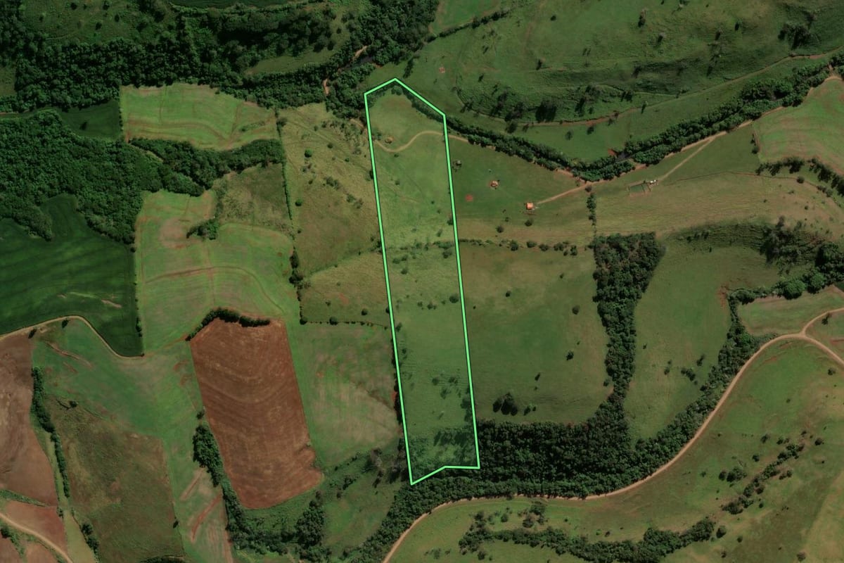 Imagem de satélite do imóvel rural em Jardim Alegre (PR), com o contorno declarado no CAR desenhado por cima.