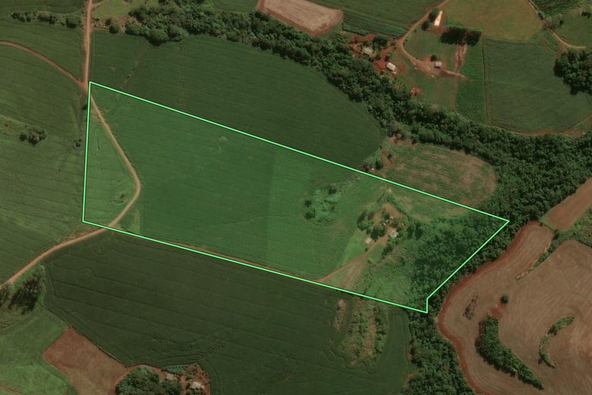 Imagem de satélite do imóvel rural em Jardim Alegre (PR), com o contorno declarado no CAR desenhado por cima.