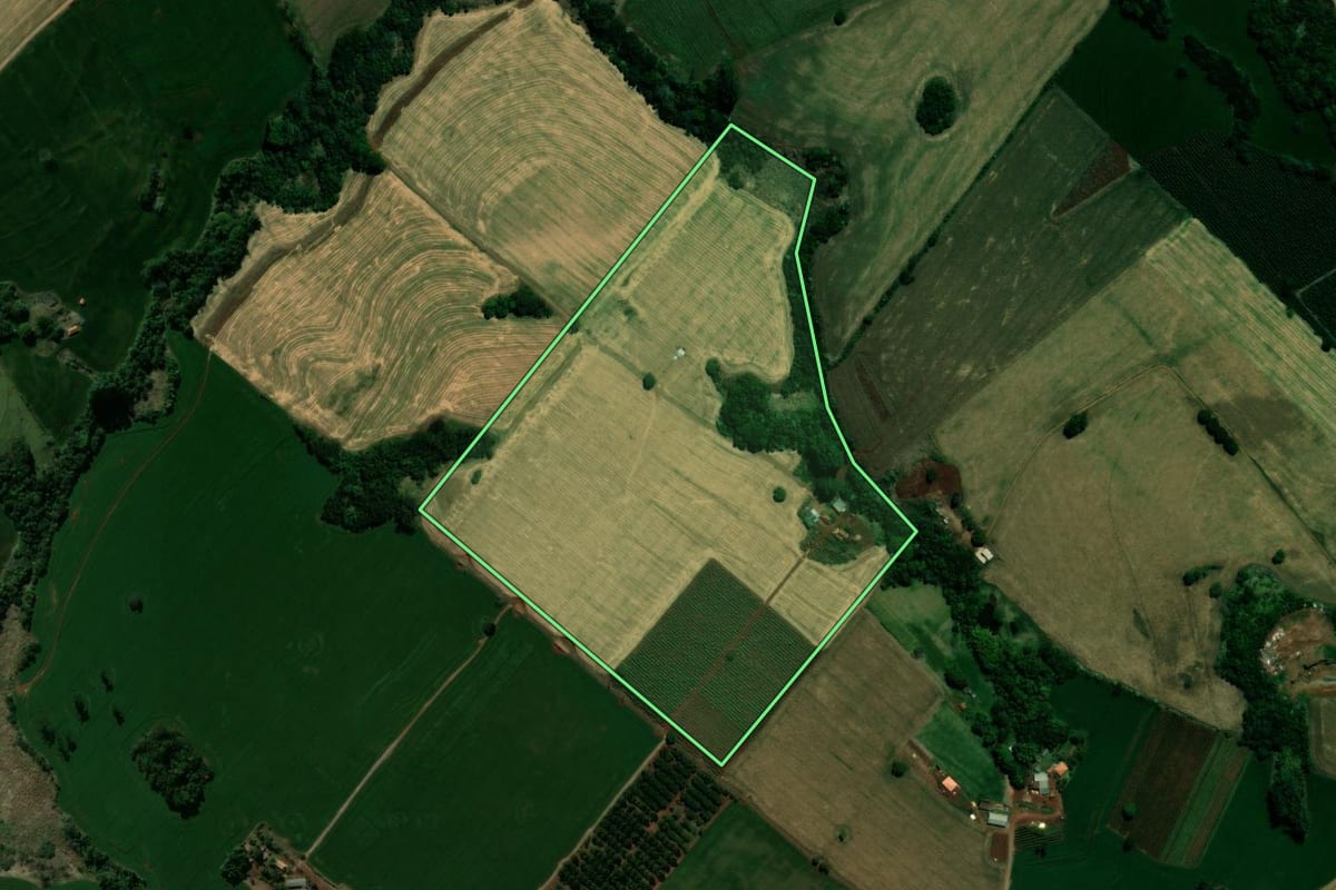Imagem de satélite do imóvel rural em Jardim Alegre (PR), com o contorno declarado no CAR desenhado por cima.