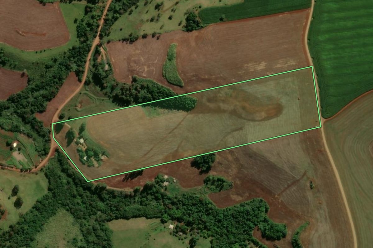 Imagem de satélite do imóvel rural em Jardim Alegre (PR), com o contorno declarado no CAR desenhado por cima.
