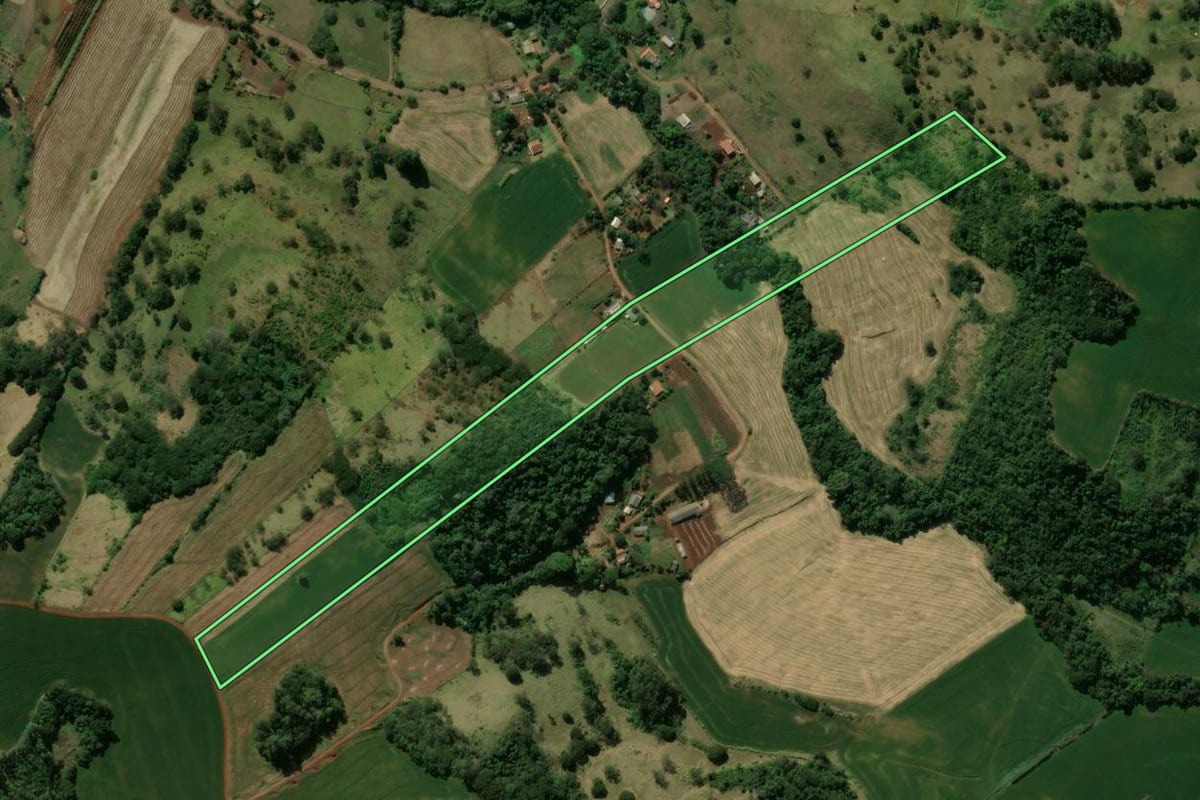 Imagem de satélite do imóvel rural em Jardim Alegre (PR), com o contorno declarado no CAR desenhado por cima.
