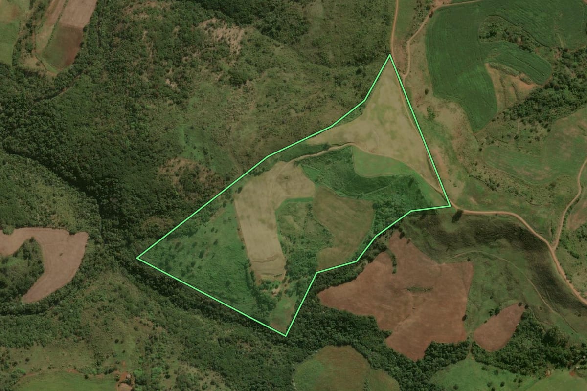 Imagem de satélite do imóvel rural em Jardim Alegre (PR), com o contorno declarado no CAR desenhado por cima.