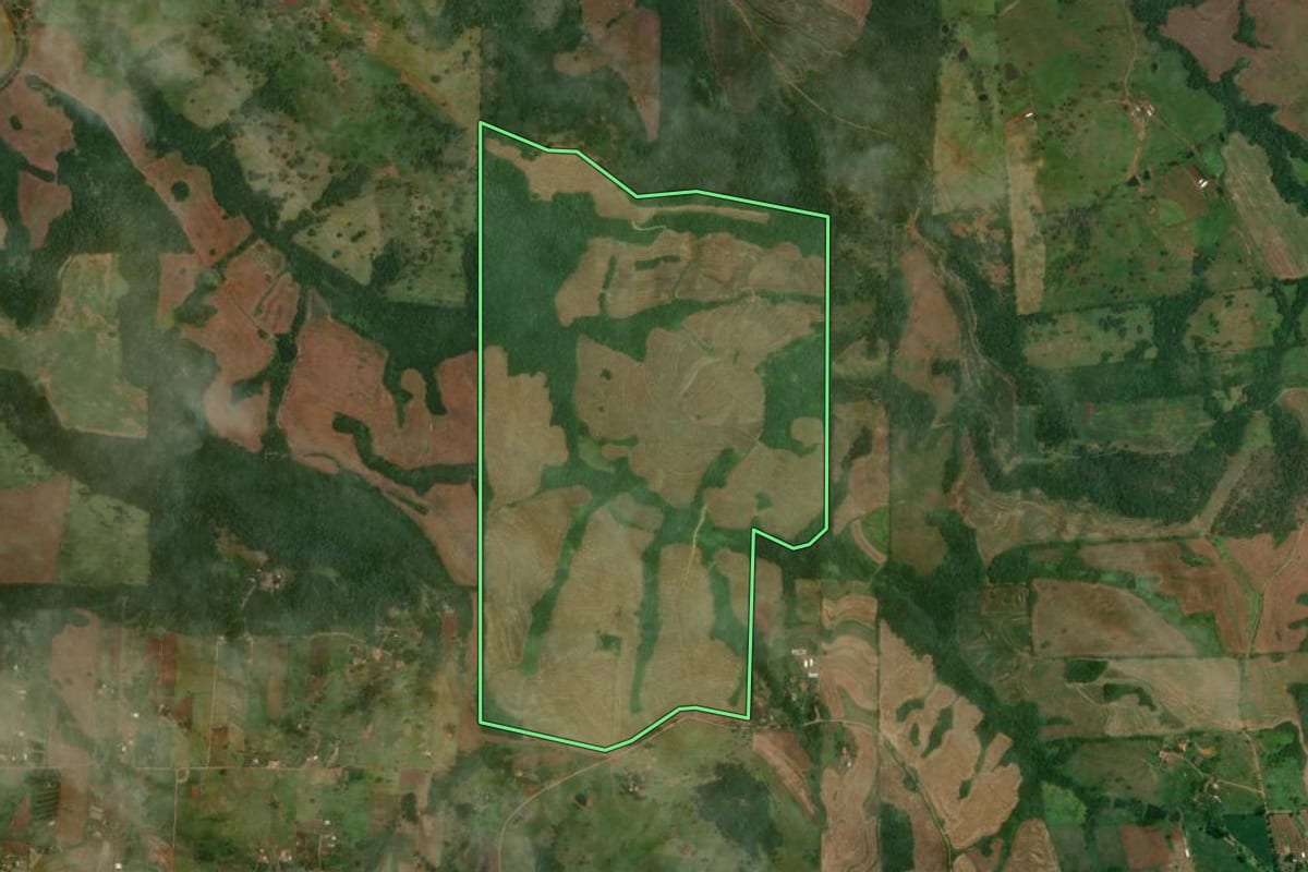 Imagem de satélite do imóvel rural em Jataizinho (PR), com o contorno declarado no CAR desenhado por cima.