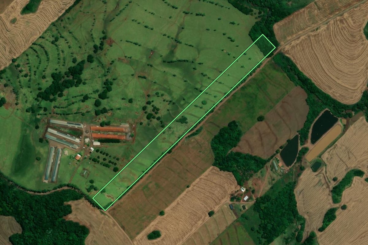 Imagem de satélite do imóvel rural em Jesuítas (PR), com o contorno declarado no CAR desenhado por cima.