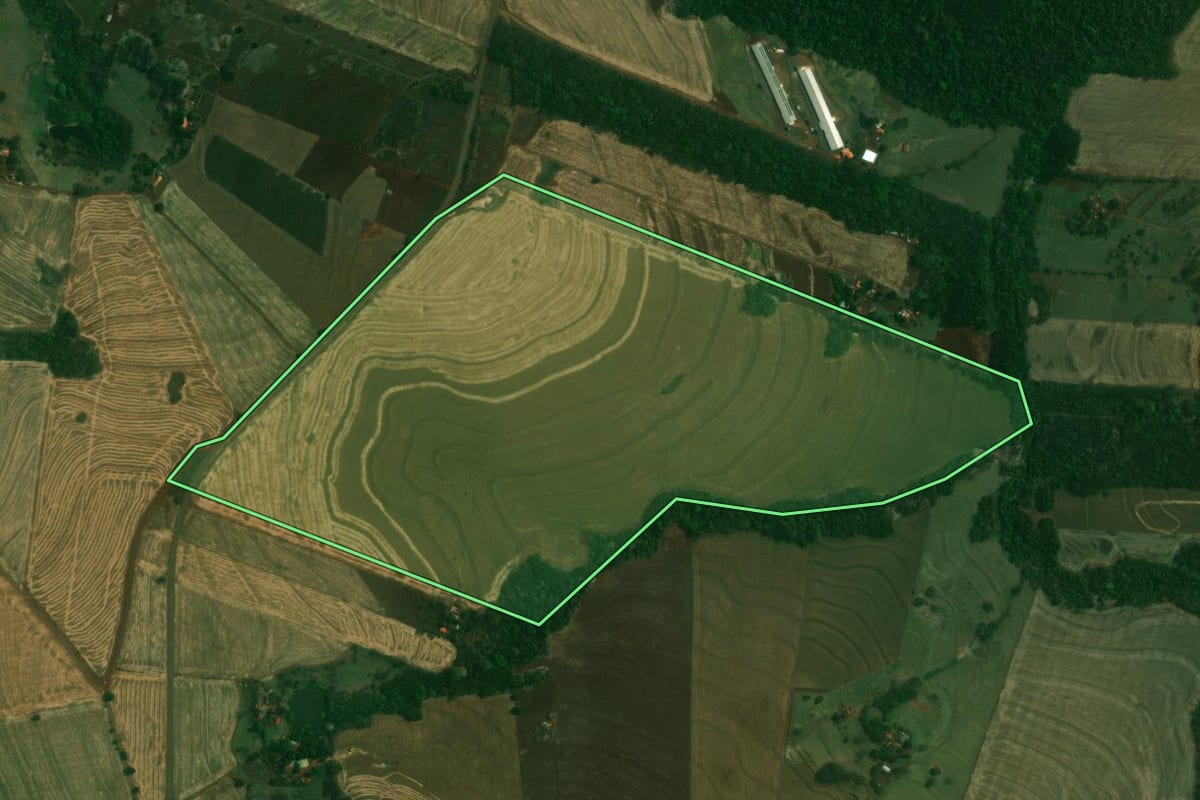 Imagem de satélite do imóvel rural em Jesuítas (PR), com o contorno declarado no CAR desenhado por cima.