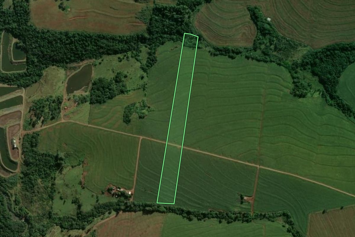 Imagem de satélite do imóvel rural em Jesuítas (PR), com o contorno declarado no CAR desenhado por cima.