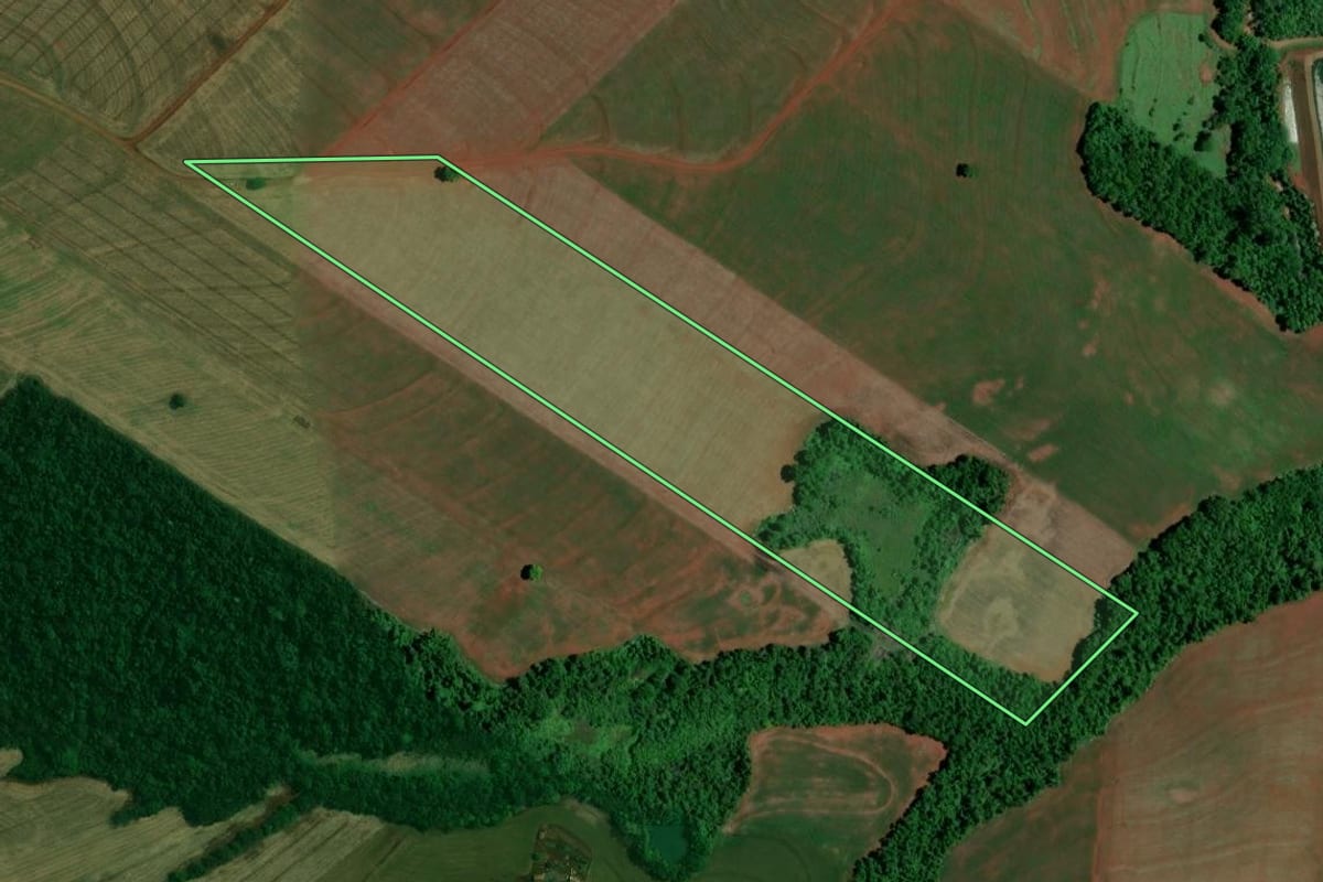 Imagem de satélite do imóvel rural em Jesuítas (PR), com o contorno declarado no CAR desenhado por cima.