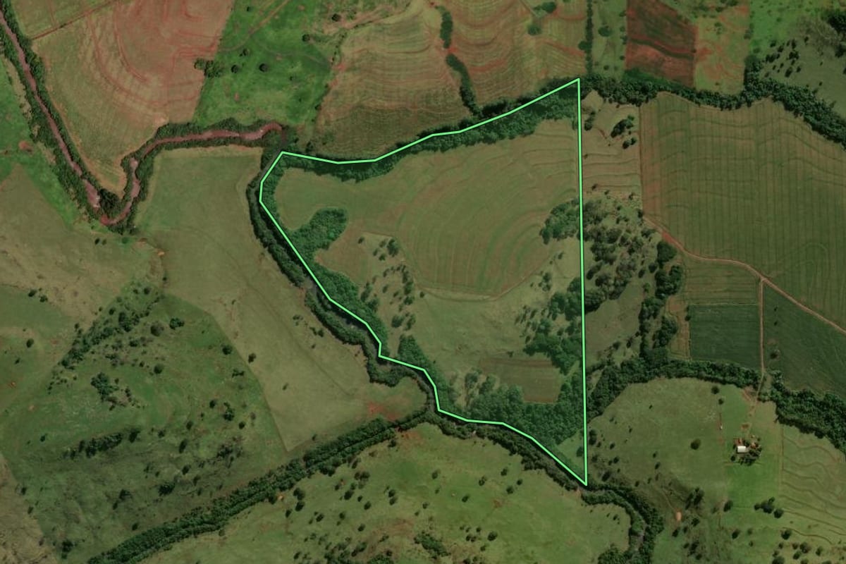 Imagem de satélite do imóvel rural em Jesuítas (PR), com o contorno declarado no CAR desenhado por cima.