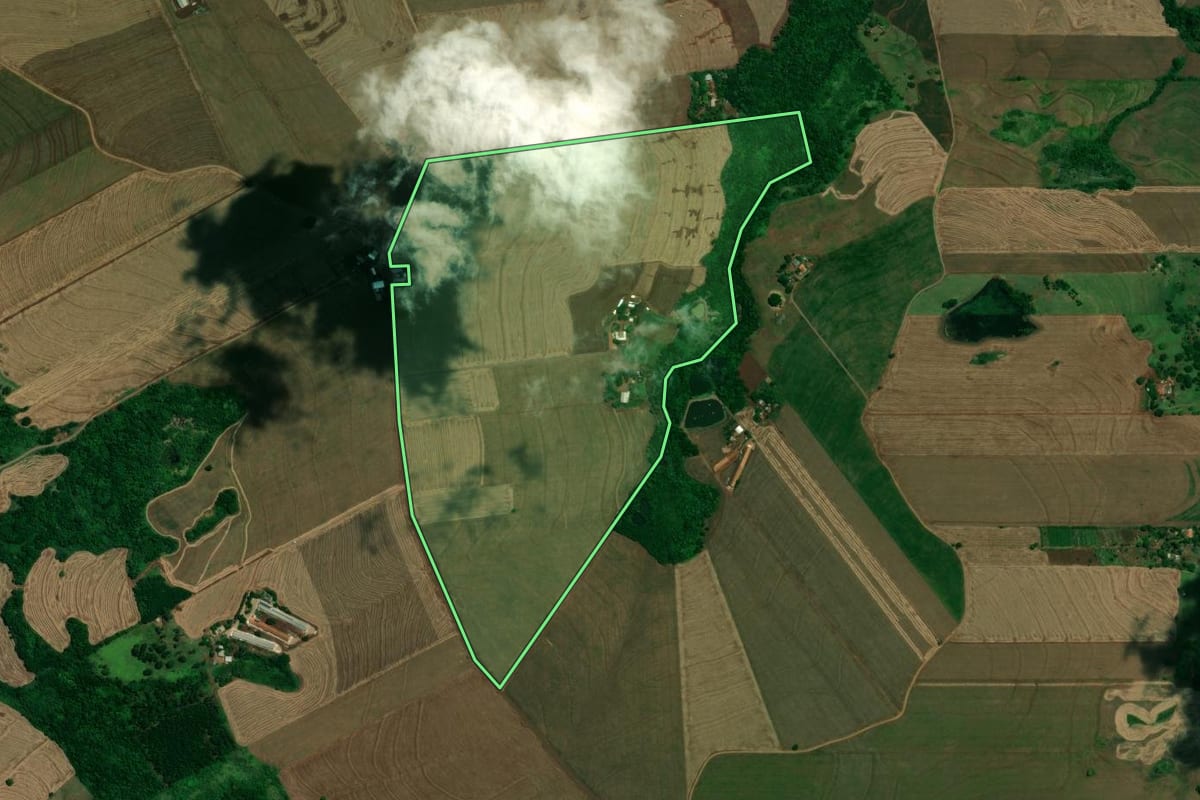 Imagem de satélite do imóvel rural em Jesuítas (PR), com o contorno declarado no CAR desenhado por cima.
