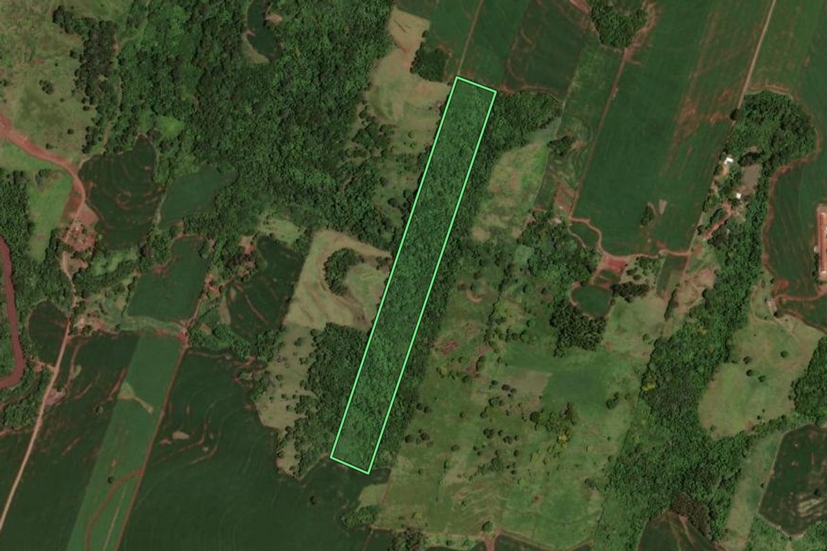 Imagem de satélite do imóvel rural em Jesuítas (PR), com o contorno declarado no CAR desenhado por cima.