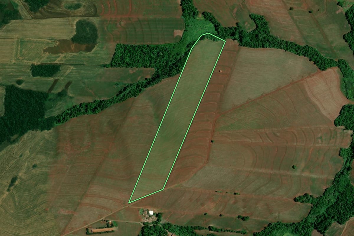 Imagem de satélite do imóvel rural em Jesuítas (PR), com o contorno declarado no CAR desenhado por cima.