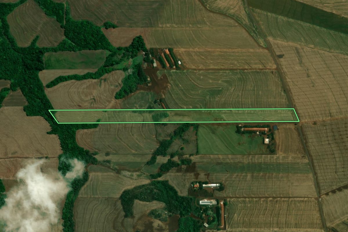 Imagem de satélite do imóvel rural em Jesuítas (PR), com o contorno declarado no CAR desenhado por cima.