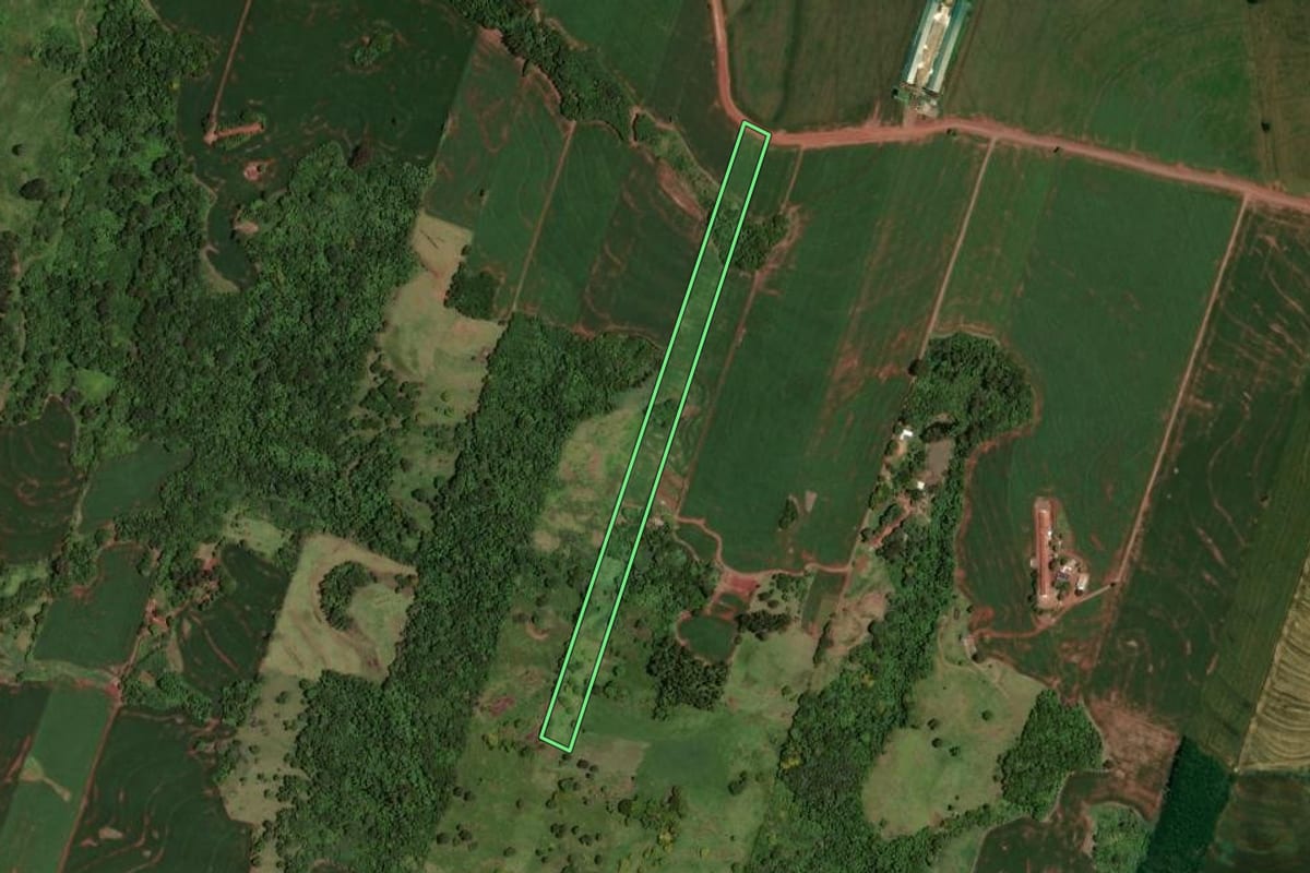 Imagem de satélite do imóvel rural em Jesuítas (PR), com o contorno declarado no CAR desenhado por cima.