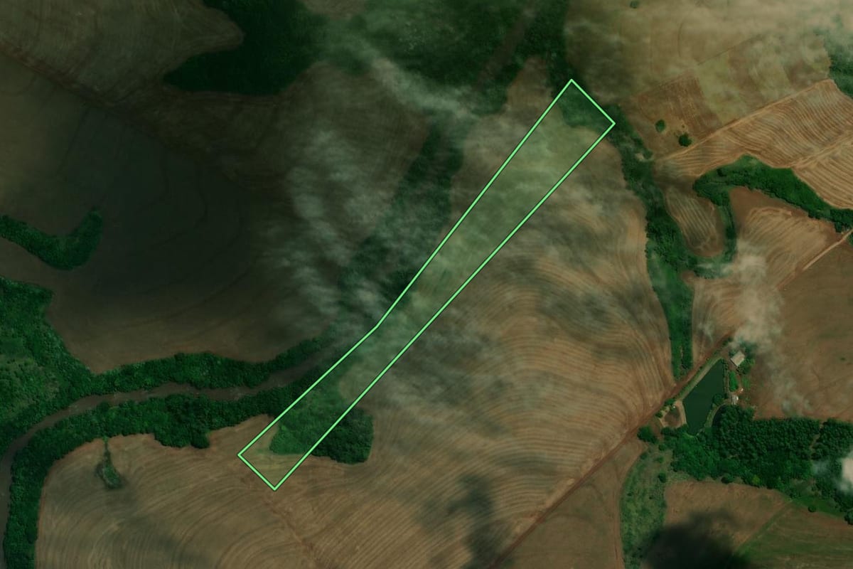 Imagem de satélite do imóvel rural em Jesuítas (PR), com o contorno declarado no CAR desenhado por cima.