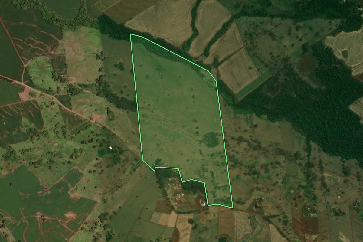 Imagem de satélite do imóvel rural em Jesuítas (PR), com o contorno declarado no CAR desenhado por cima.