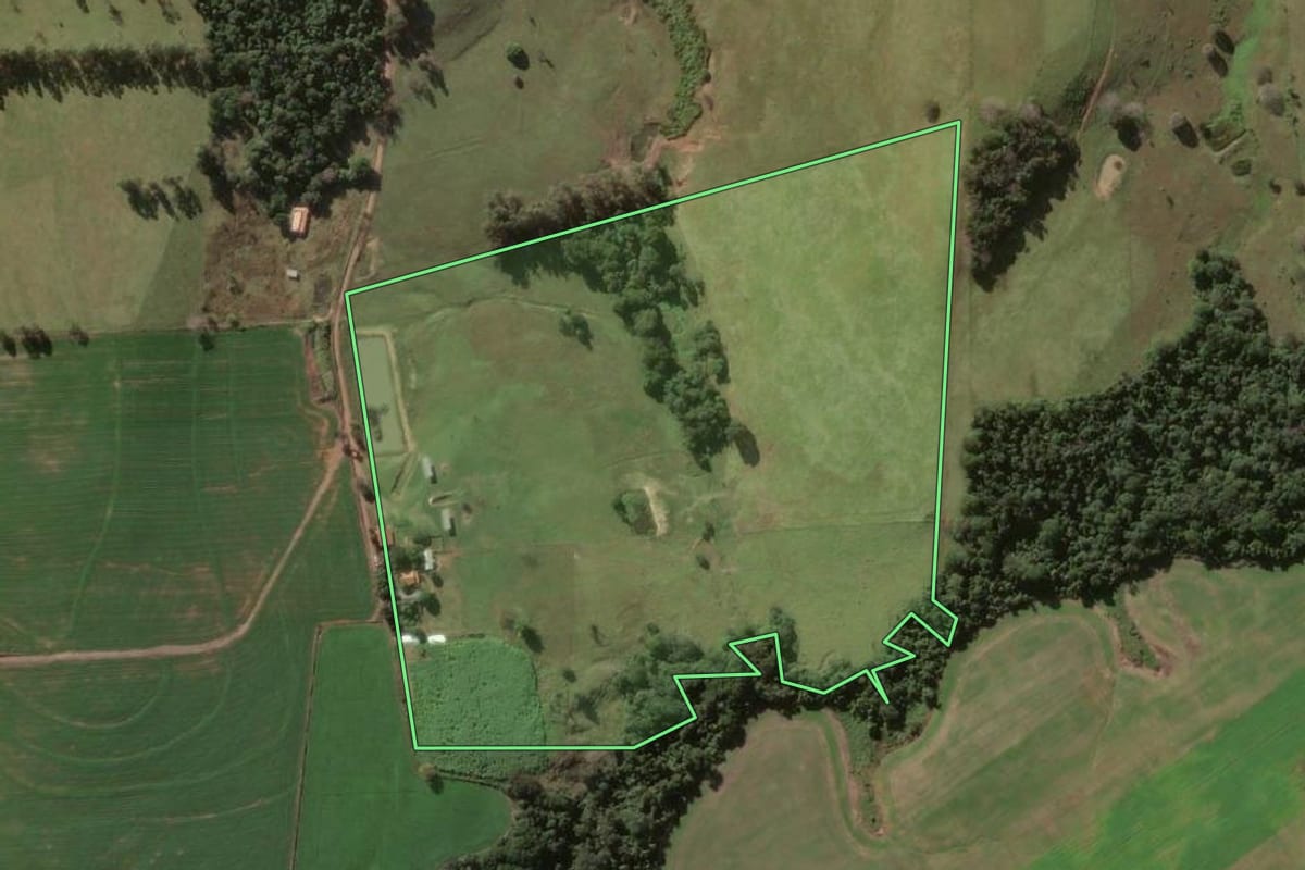 Imagem de satélite do imóvel rural em Joaquim Távora (PR), com o contorno declarado no CAR desenhado por cima.