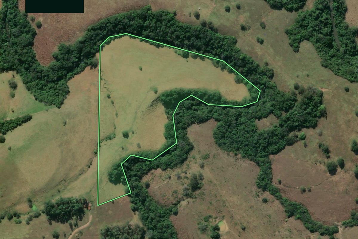 Imagem de satélite do imóvel rural em Joaquim Távora (PR), com o contorno declarado no CAR desenhado por cima.